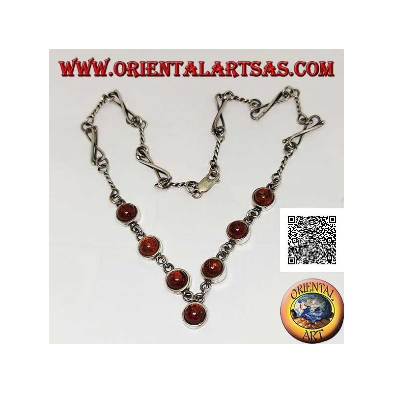 925 ‰ silver choker necklace with mixed links chain and 7 central round cabochon amber