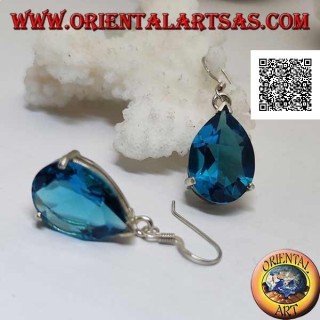 Silver drop earrings with large blue topaz drop set in a simple setting