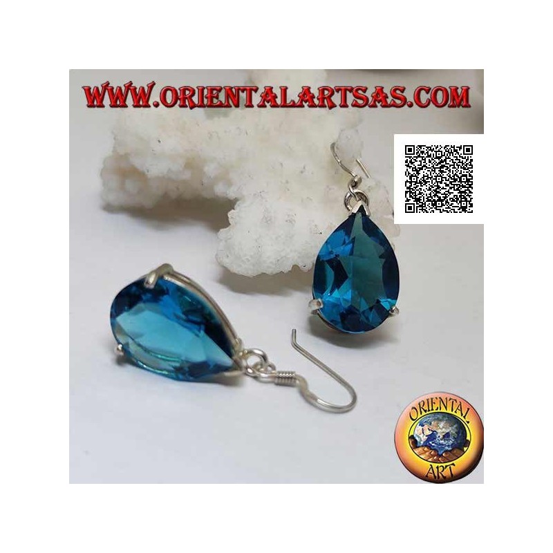 Silver drop earrings with large blue topaz drop set in a simple setting