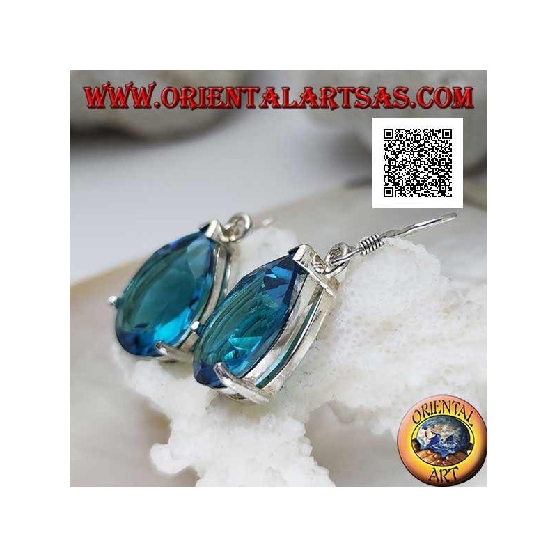 Orecchini in argento pendenti con goccia di topazio azzurro grande incastonata da montatura semplice