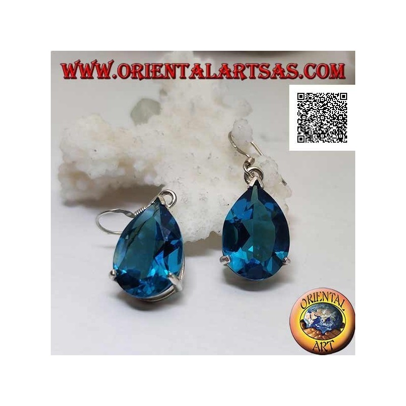 Orecchini in argento pendenti con goccia di topazio azzurro grande incastonata da montatura semplice