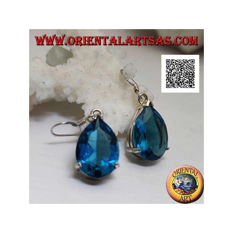 Boucles d'oreilles pendantes en argent avec une grande goutte de topaze bleue sertie dans un sertissage simple