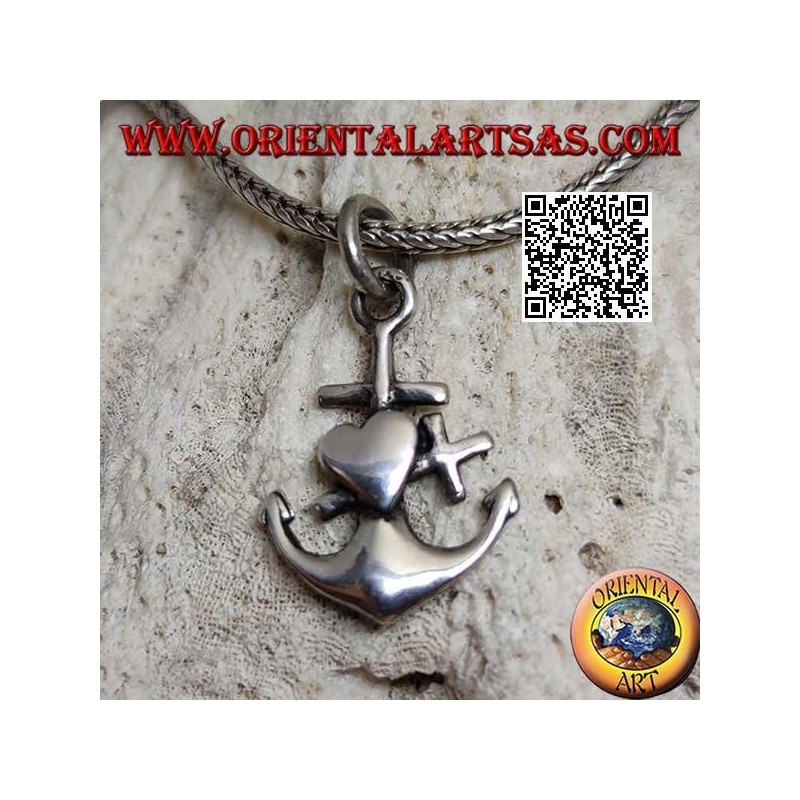 Silver pendant in the shape of an anchor with overlapping cross and heart