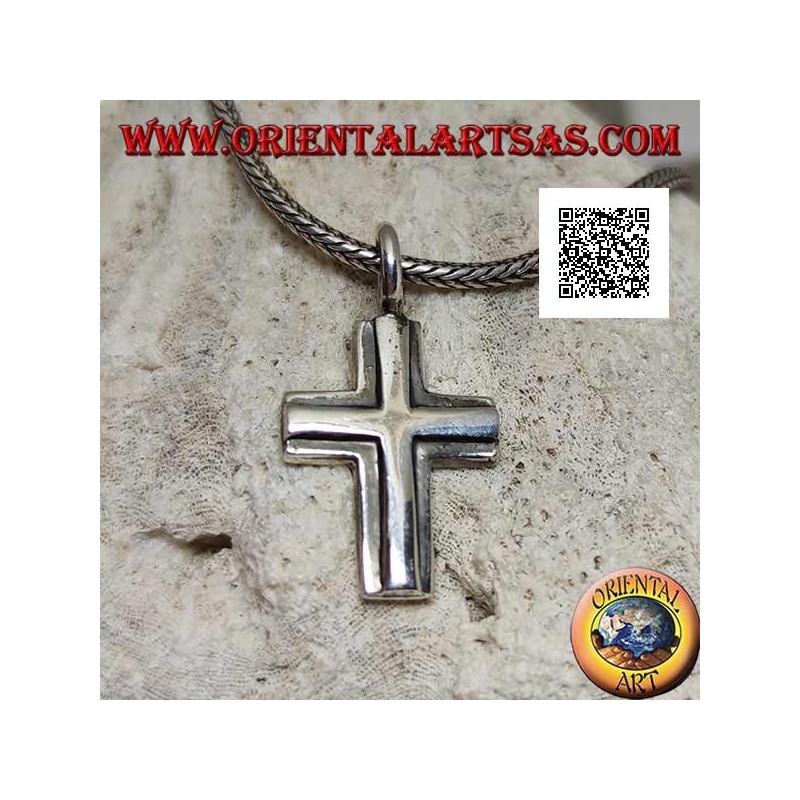 Ciondolo in argento a forma di doppia croce cristiana sovrapposta liscia 