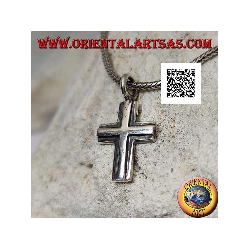 Pendentif en argent en forme de double croix chrétienne lisse superposée