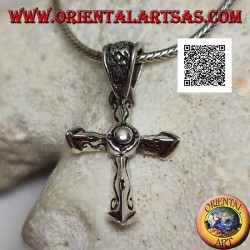 Silver pendant three-dimensional pointed Christian cross with engravings on the 3 corners and cross on the hook