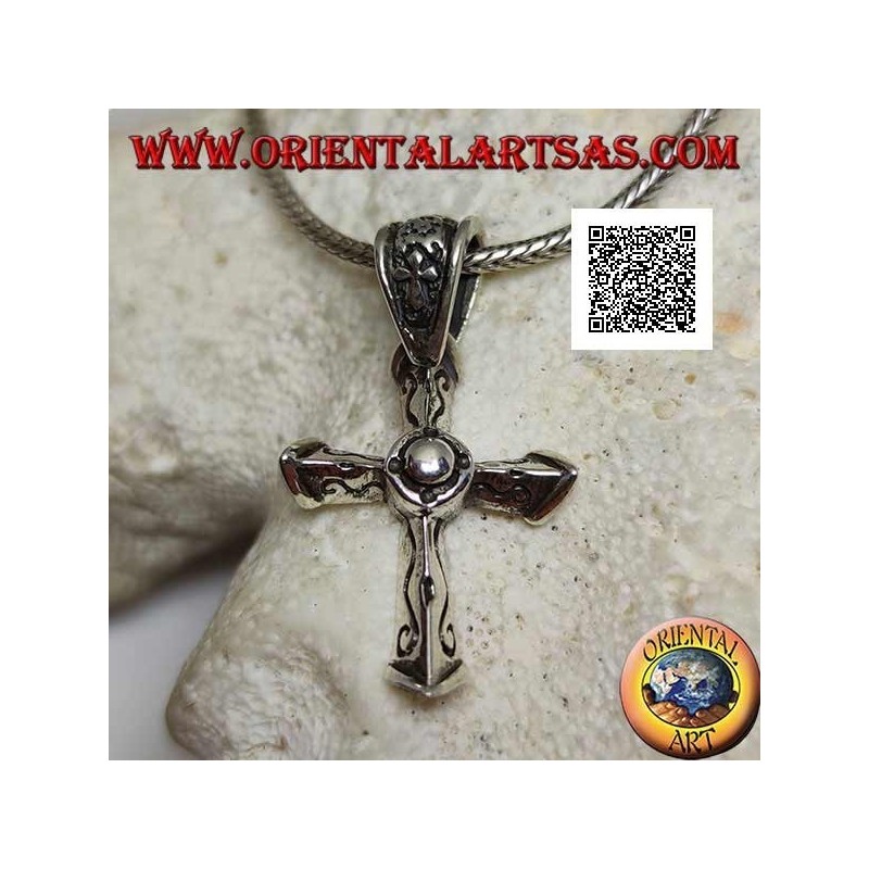 Colgante de plata cruz cristiana tridimensional puntiaguda con grabados en las 3 esquinas y cruz en el gancho
