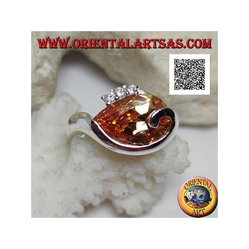 Bague en argent rhodié avec zircon champagne en forme de goutte avec ligne courbe en dessous et trois zircons au-dessus