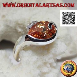 Rhodium-plated silver ring with drop-shaped champagne zircon with curved line below and three zircons above