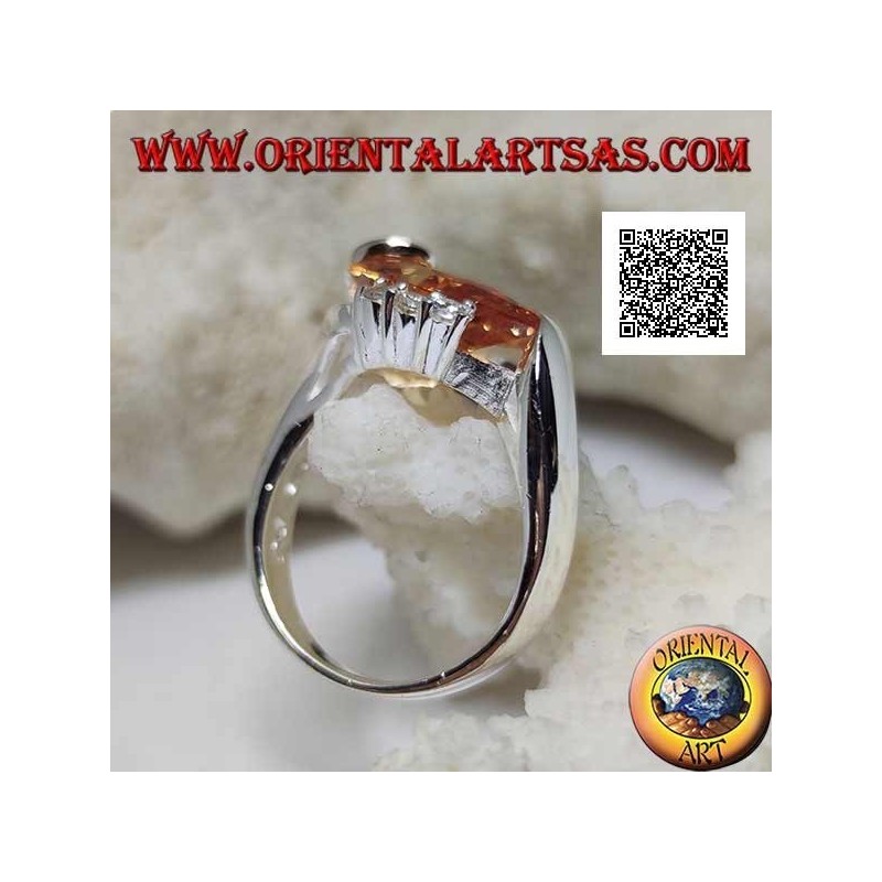 Rhodium-plated silver ring with drop-shaped champagne zircon with curved line below and three zircons above
