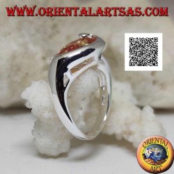 Rhodium-plated silver ring with drop-shaped champagne zircon with curved line below and three zircons above