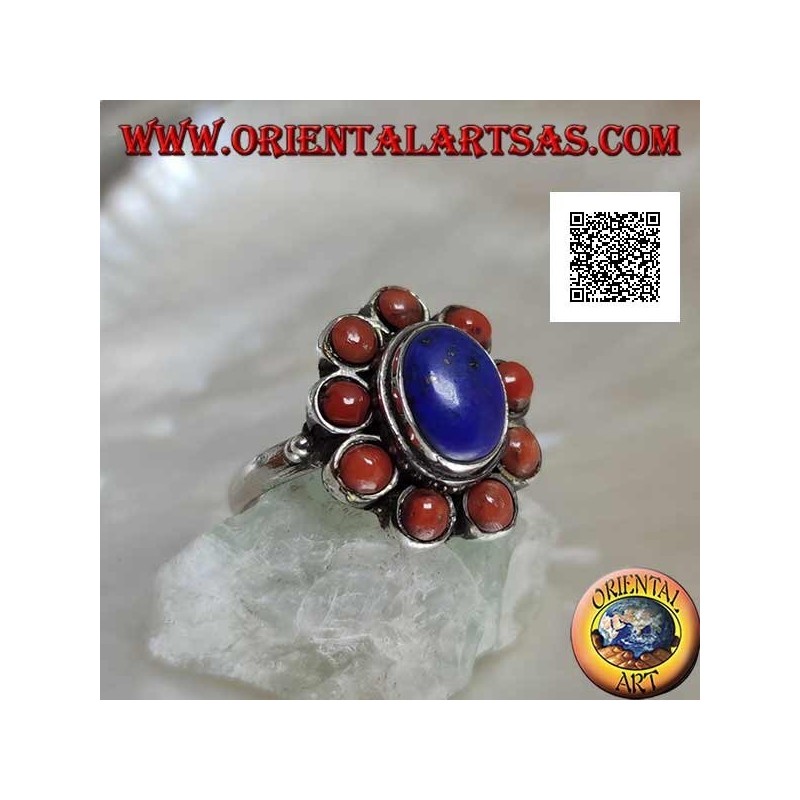 Silver ring with oval cabochon lapis lazuli surrounded by Tibetan corals (16)