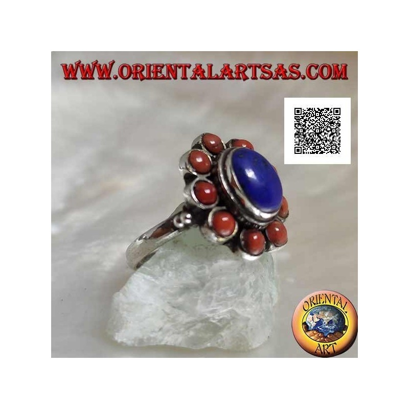 Silberring mit ovalem Cabochon Lapislazuli, umgeben von tibetischen Korallen (16)