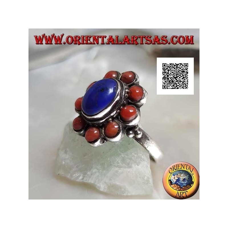 Silver ring with oval cabochon lapis lazuli surrounded by Tibetan corals (16)