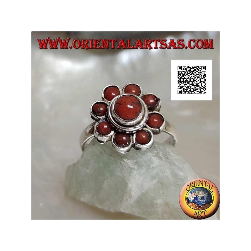 Petite bague en argent en forme de marguerite avec des coraux tibétains anciens (11)