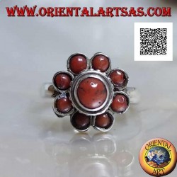Petite bague en argent en forme de marguerite avec des coraux tibétains anciens (11)
