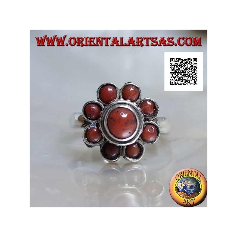 Anello in argento a forma di margherita piccola con coralli antichi Tibetani  (11)