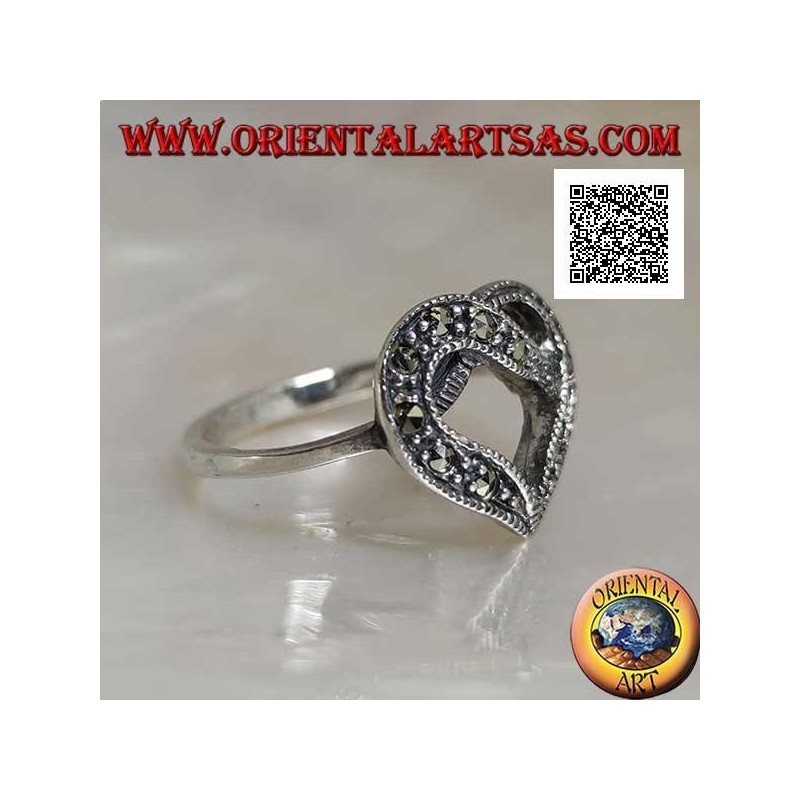 Silver ring with central interlace in the shape of a heart studded with marcasite