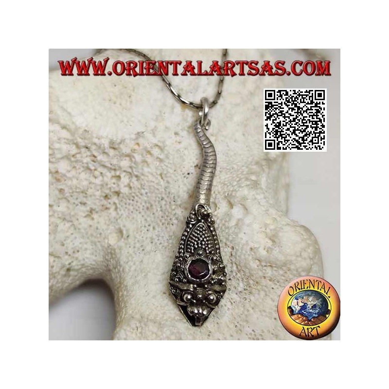 Silver pendant in the shape of a cobra with handmade garnet