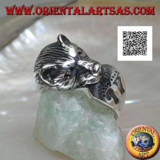 Bear head biting its tail silver ring with engraved footprints