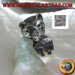 Bear head biting its tail silver ring with engraved footprints