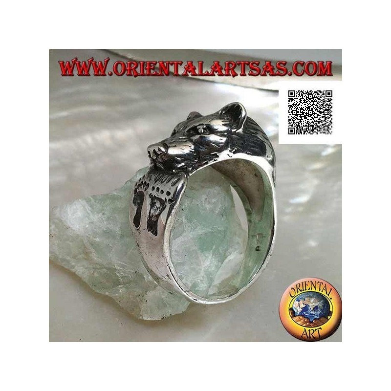Bear head biting its tail silver ring with engraved footprints