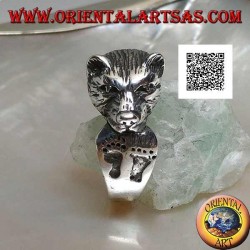 Bear head biting its tail silver ring with engraved footprints