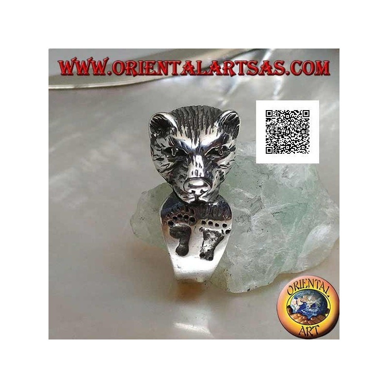 Cabeza de oso mordiéndose la cola anillo de plata con huellas grabadas