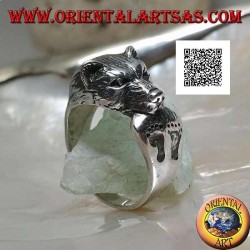 Bear head biting its tail silver ring with engraved footprints
