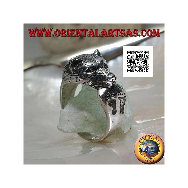 Tête d'ours mordant sa queue bague en argent avec empreintes gravées