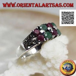 Silver ring with pairs of natural round rubies and emeralds set alternating and marcasite on the sides