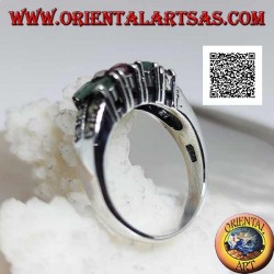 Silver ring with pairs of natural round rubies and emeralds set alternating and marcasite on the sides
