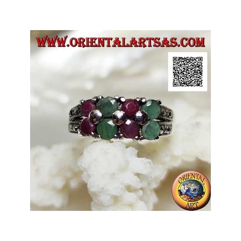 Silver ring with pairs of natural round rubies and emeralds set alternating and marcasite on the sides