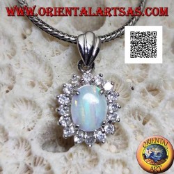 Silver pendant with oval harlequin opal set surrounded by zircons