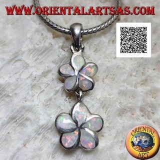 Silver pendant pair of 5-petaled flowers (wild strawberry) vertically with harlequin opal
