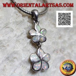 Silver pendant pair of 5-petaled flowers (wild strawberry) vertically with harlequin opal