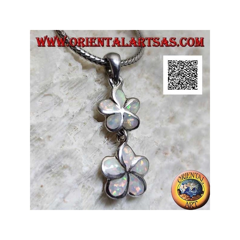 Ciondolo in argento coppia di fiori a 5 petali (fragola selvatica) in verticale con opale arlecchino
