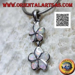Silver pendant pair of 5-petaled flowers (wild strawberry) vertically with harlequin opal