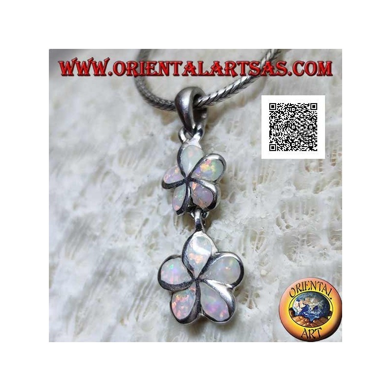Silver pendant pair of 5-petaled flowers (wild strawberry) vertically with harlequin opal