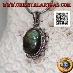 Silver pendant with large oval cabochon labradorite surrounded by cord and semicircles