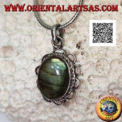 Silver pendant with large oval cabochon labradorite surrounded by cord and semicircles