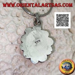 Silver pendant with large oval cabochon labradorite surrounded by cord and semicircles