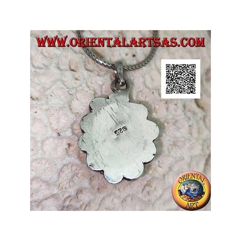 Silver pendant with large oval cabochon labradorite surrounded by cord and semicircles
