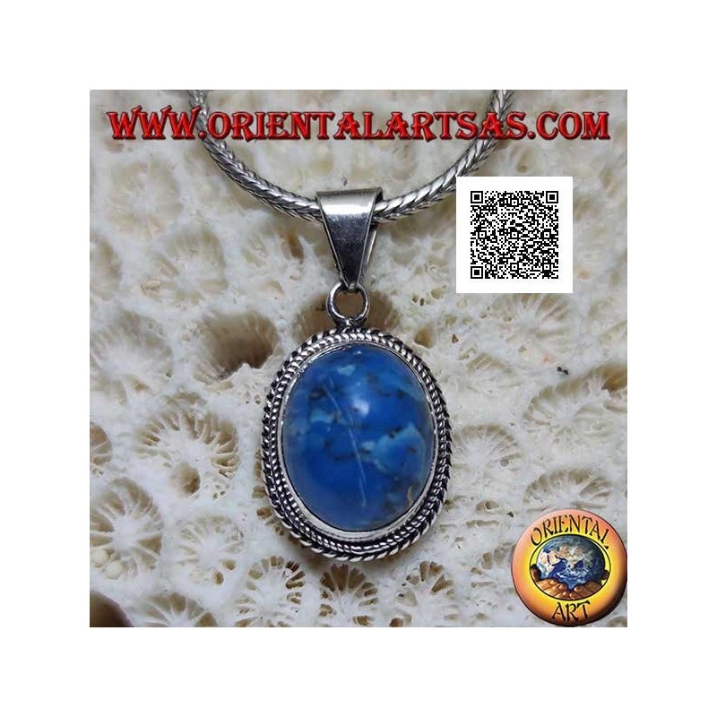 Silver pendant with oval cabochon turquoise surrounded by a double two-dimensional weave
