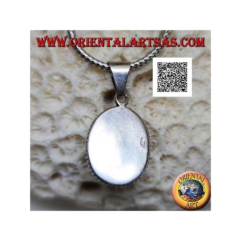 Silver pendant with oval cabochon turquoise surrounded by a double two-dimensional weave