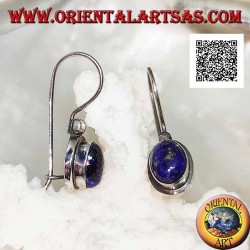 Silver pendant earrings with oval cabochon lapis lazuli on smooth setting with border