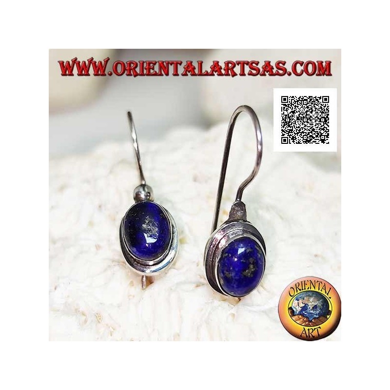 Silver pendant earrings with oval cabochon lapis lazuli on smooth setting with border