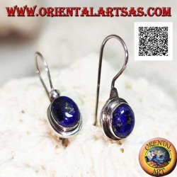 Silver pendant earrings with oval cabochon lapis lazuli on smooth setting with border