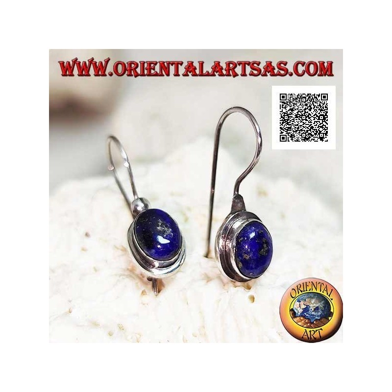 Silver pendant earrings with oval cabochon lapis lazuli on smooth setting with border