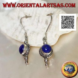 Silver pendant earrings with round lapis lazuli surrounded by weaving and two balls below